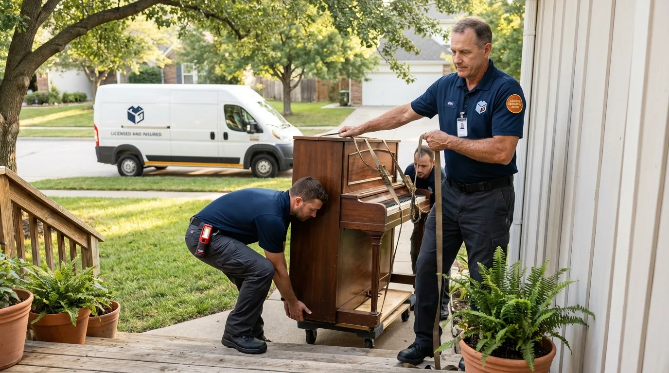 Licensed piano movers securing grand piano in Williamsport, MD
