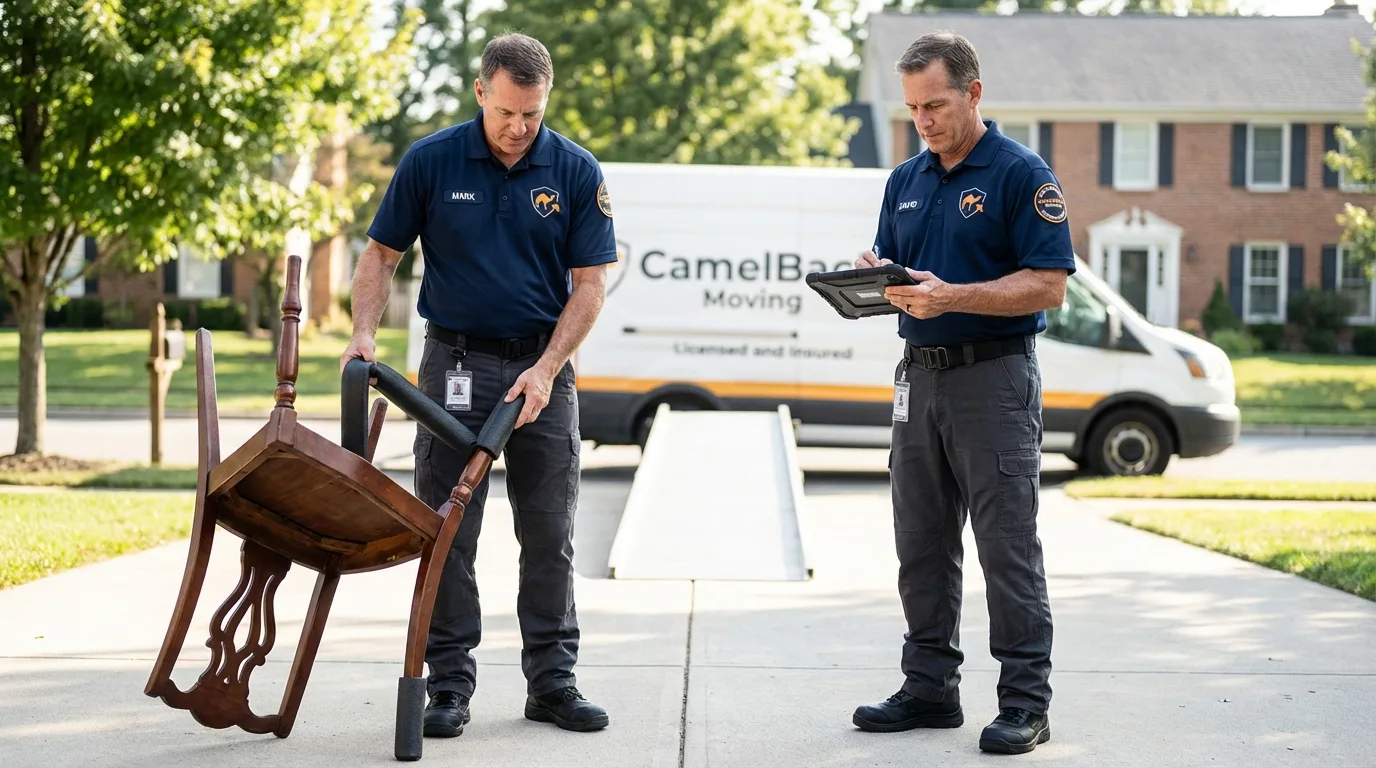 Movers inspecting furniture for damage prevention before loading in Williamsport, MD