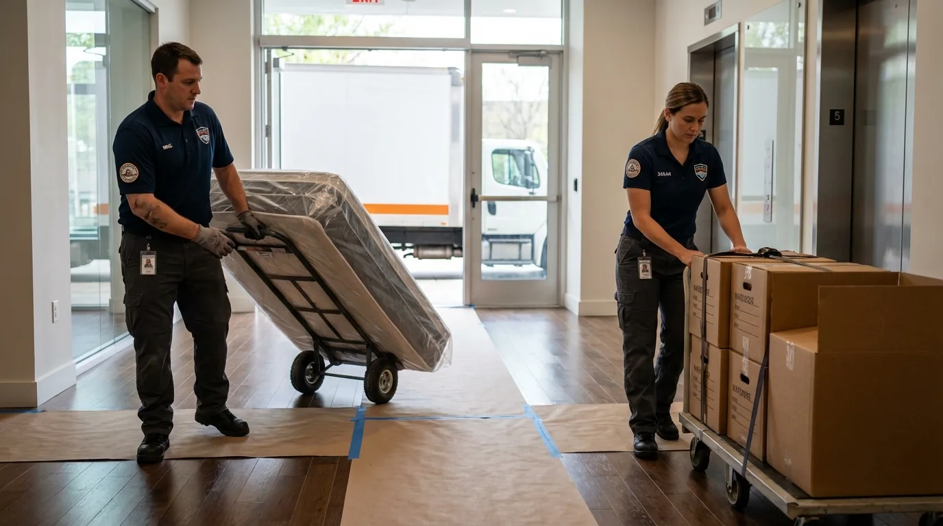 Professional apartment movers loading elevator in Williamsport, MD
